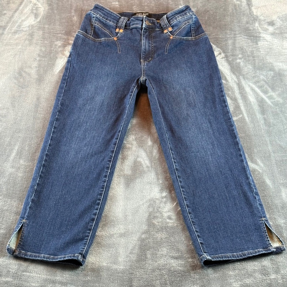 Judy Blue Straight Leg Jeans Dark Wash High Rise Cropped Side Slit Size 9/29